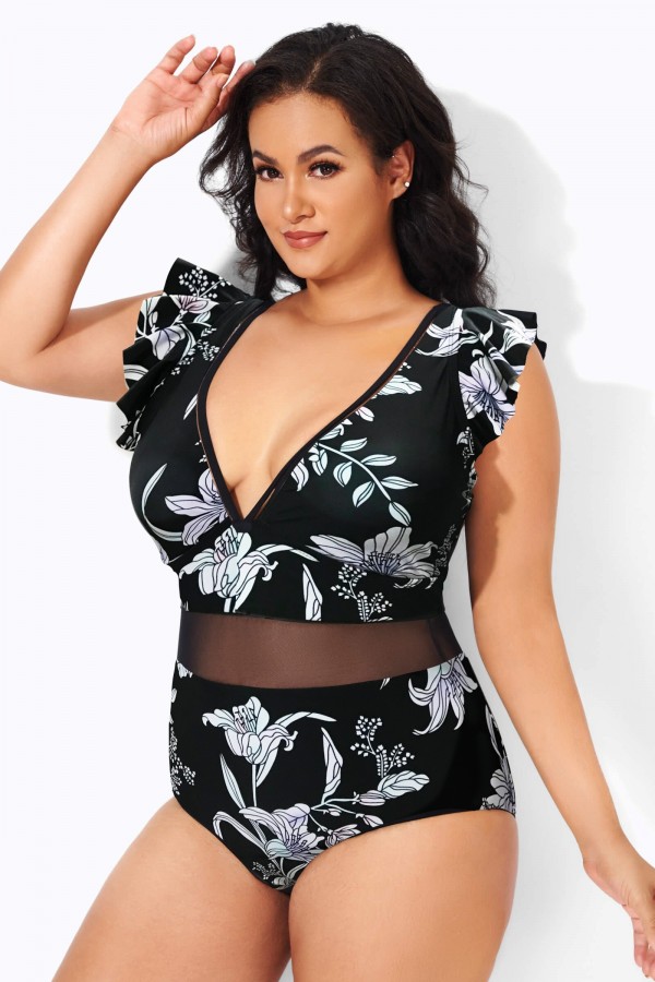 Black & White Floral Print Ruffle V-Neck One Piece Swimsuit