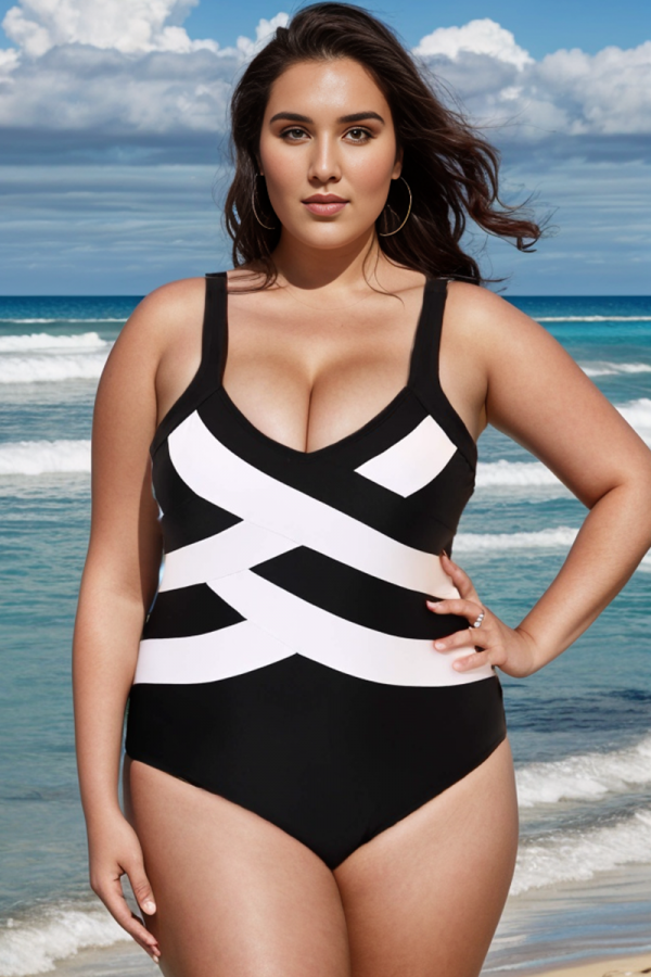 Black & White V-Neck Criss Cross One Piece Swimsuits