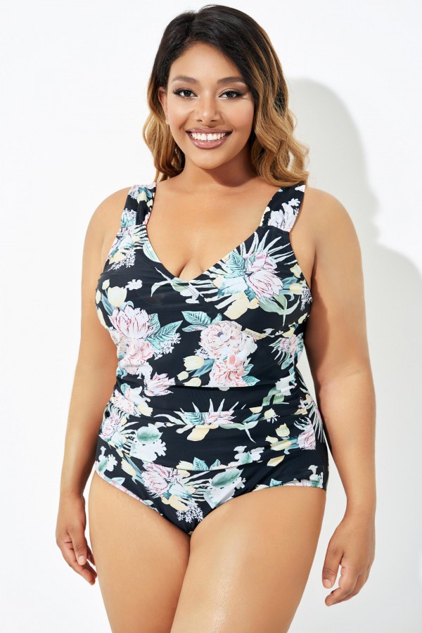 Floral Printed Wide Strap Wrap Shirred One Piece Swimsuit