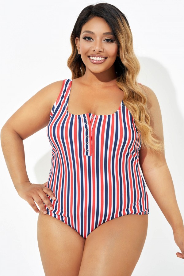 Americana Stripe Button Front One Piece Swimsuit 