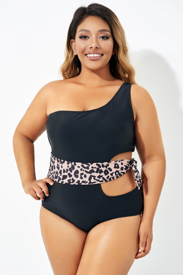 Sexy Leopard Print Tie Cut Out One Piece Swimsuit