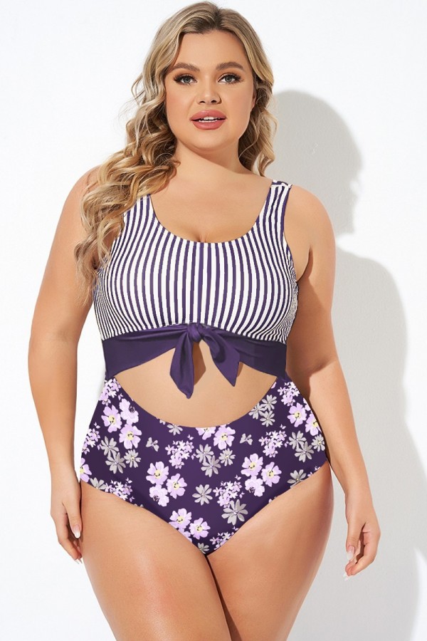 Purple Stripe Floral Print Knotted One Piece Swimsuit
