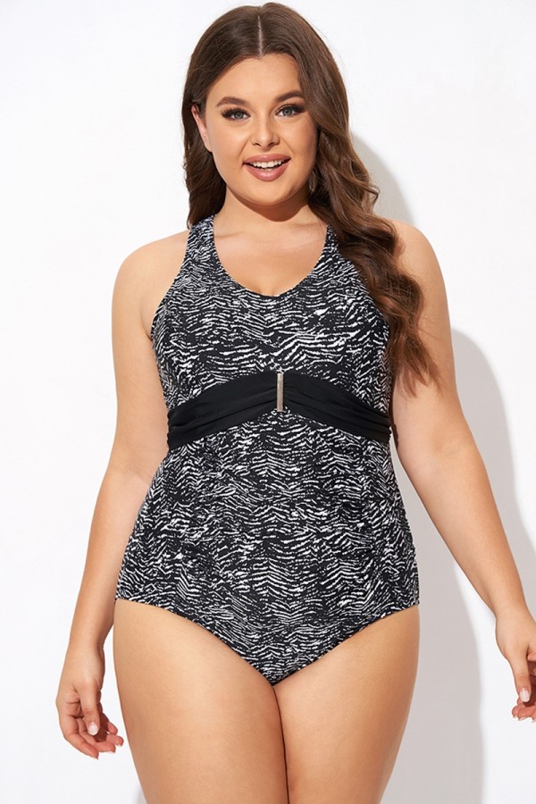 Black & White Zebra Print Ruched Front One Piece Swimsuit
