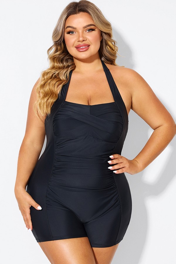 Black Ruched Panel Halter Women One Piece Swimsuit
