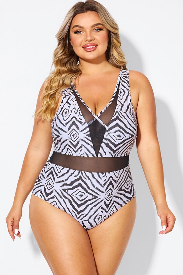 Plunging V-front and Back Mesh One Piece Swimsuit