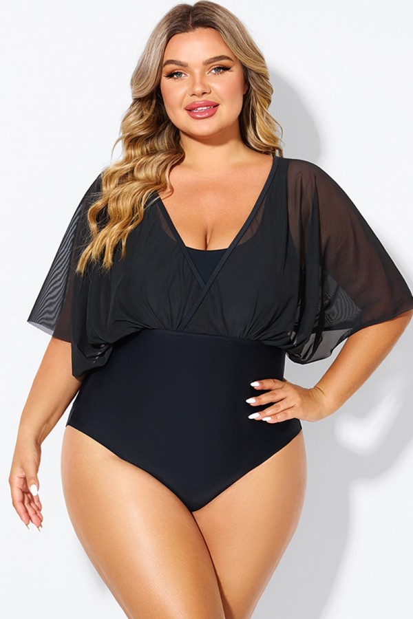 Solid Black Mesh Patchwork One Piece Swimsuit