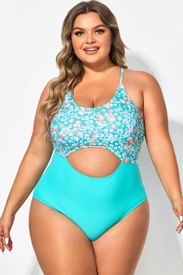 Plus Size Teal Floral Cut-Out One Piece Swimsuit