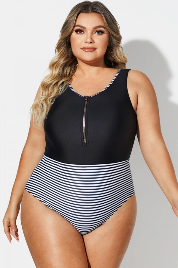 Black & White Striped Front Zip One Piece Swimsuit