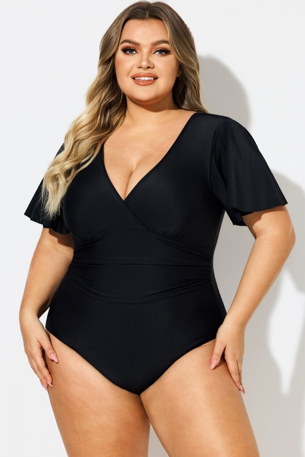Solid Black V-Neck Sleeves One Piece Swimsuit