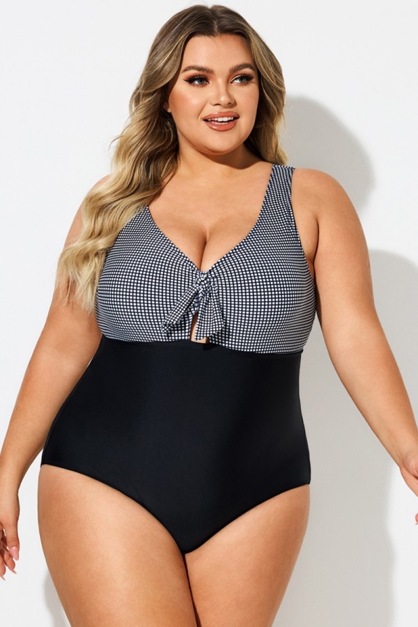 Black Checkers Front Knot One Piece Swimsuit