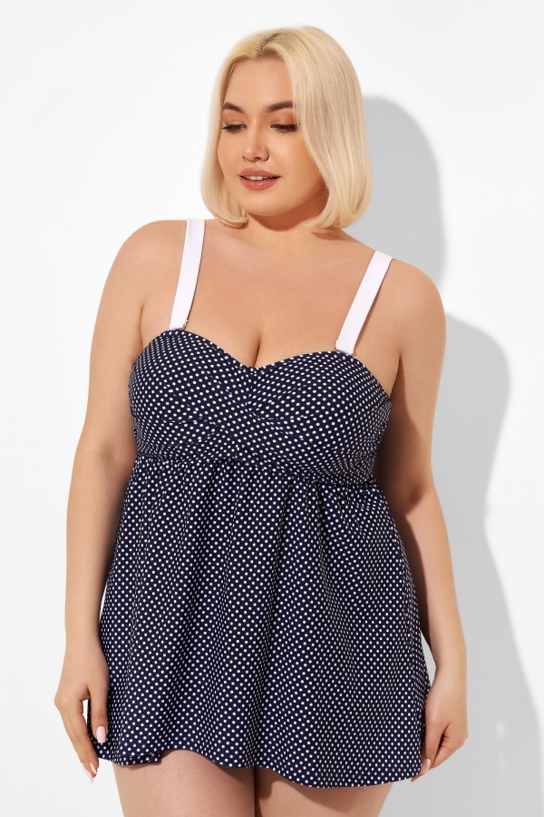 Navy and White Dots Twist Front Tankini Top