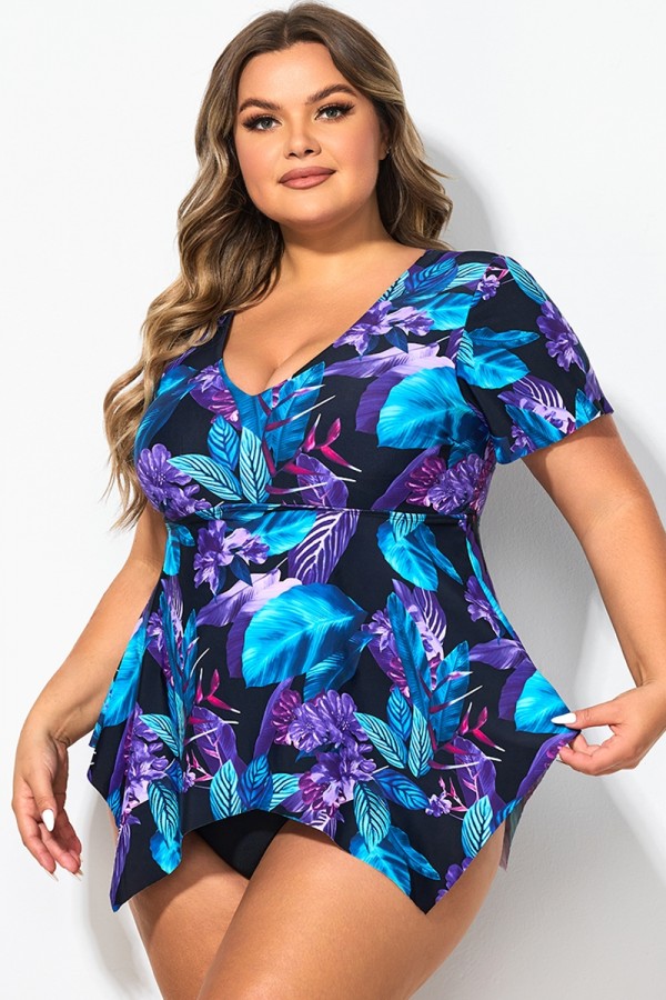 Tropical Floral Print Flutter Sleeve Tankini Top