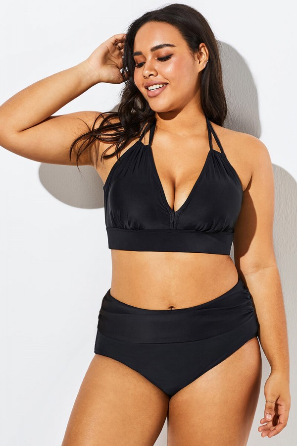 Fashionable Black V-neck Halter Bikini Set