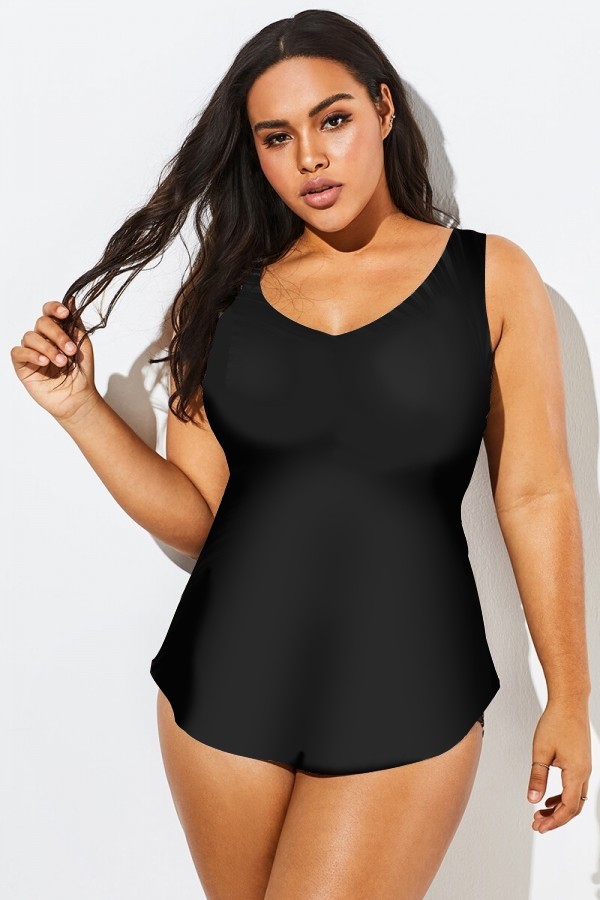 Black V-neck Sarong Front One Piece Swimsuit