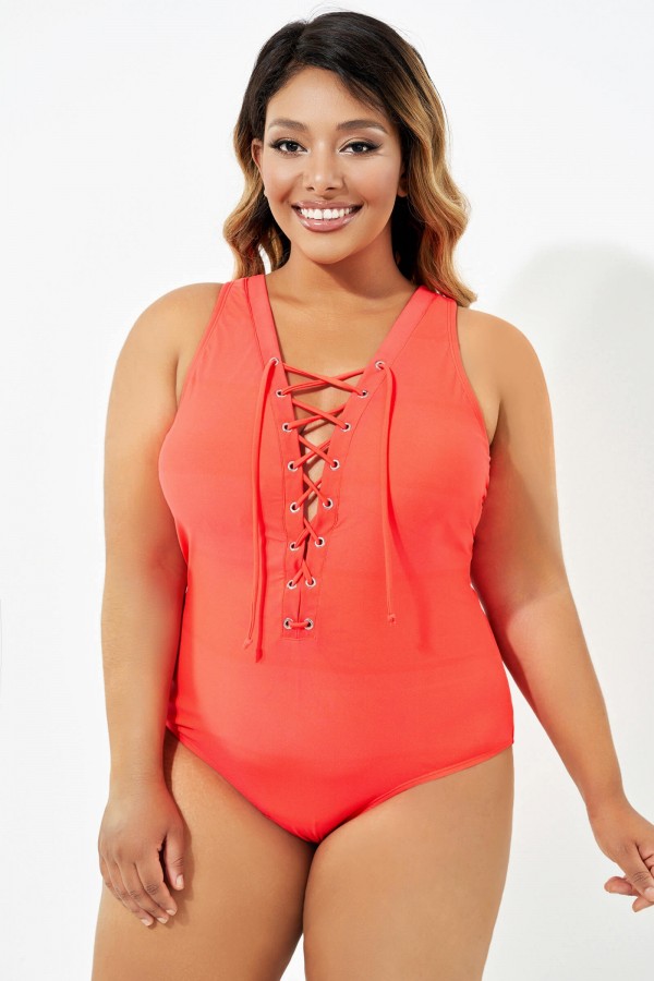 Red Lace Up One Piece Open Back Swimsuit