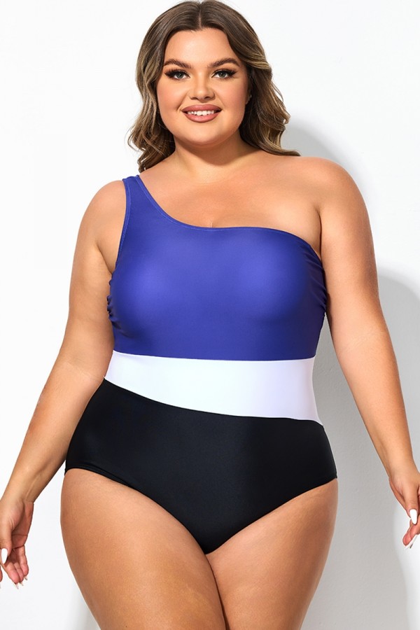 Plus Size Tricolor Colorblock One Shoulder One Piece Swimsuit