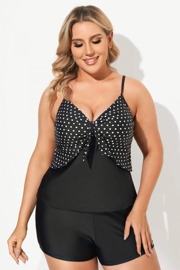Black Dots Sweetheart Neck Tie Front Tankini Top