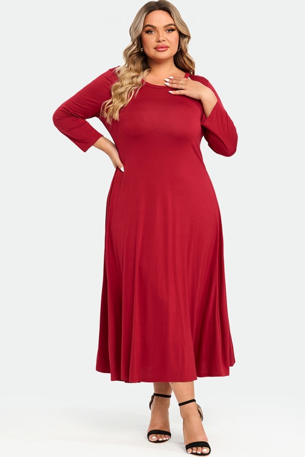 Red Comfy 3/4 Sleeve Flare A-line Midi Long Maxi Dress