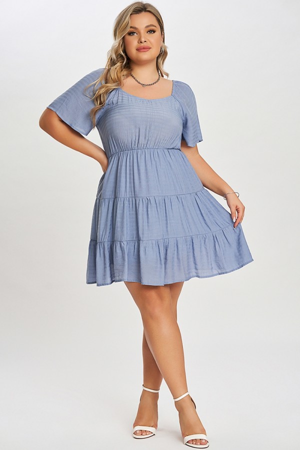Denim Color Tiered Style Ruffle Sleeves Party Dress