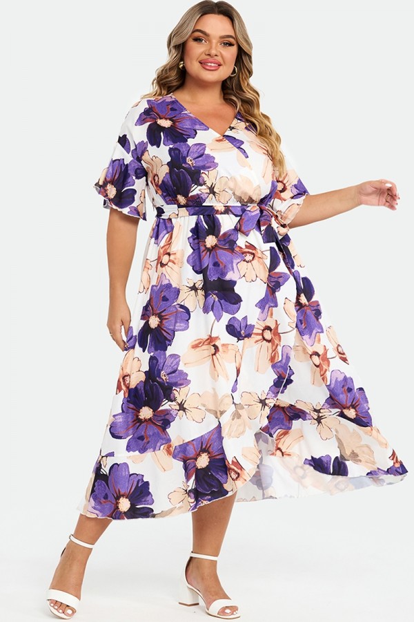 Elegant Multi Color Flower Print V Neck Flared Sleeve Dress
