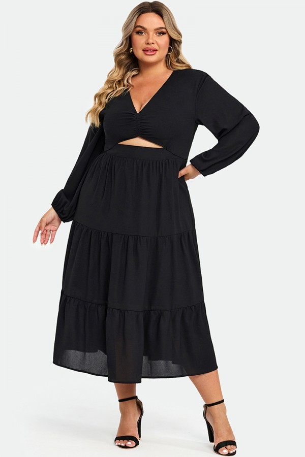 Black Long Sleeves Cutout  A-line Midi Dress