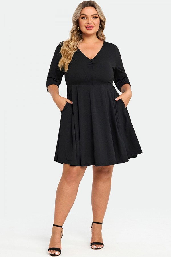 Black Wrap Shirring 3/4 Sleeves Pocket Midi Dress
