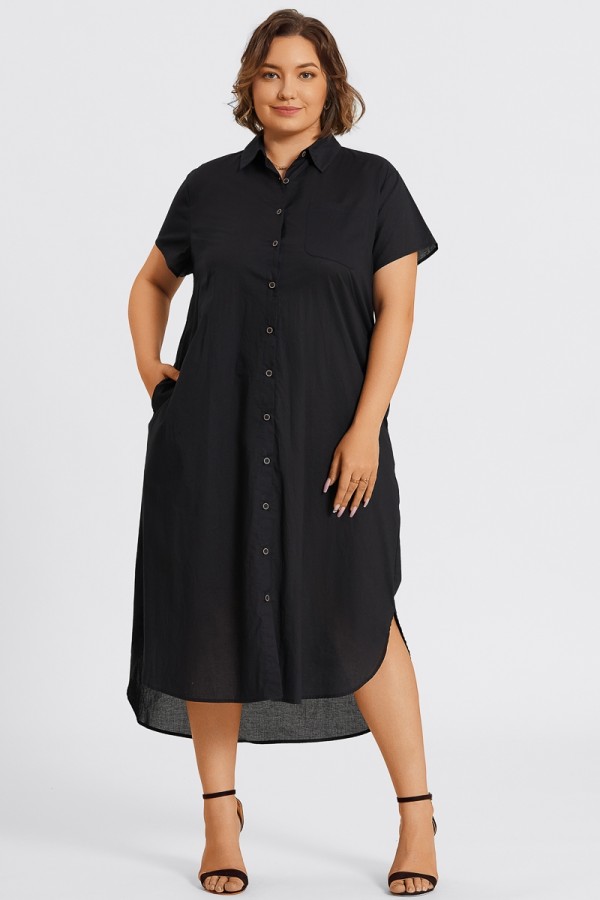 Plus Size Black Short Sleeve Shirt Maxi Dress