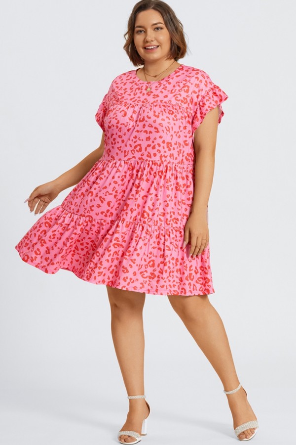 Pink Leopard Print Ruffle Short Sleeves Midi Dress