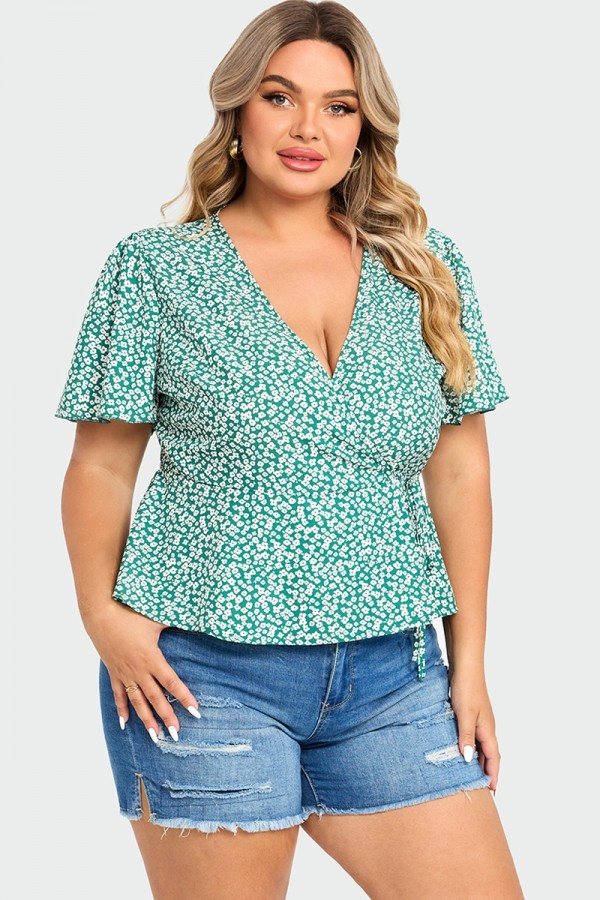 Floral Print Butterfly Sleeve Wrap Knot Side Blouse