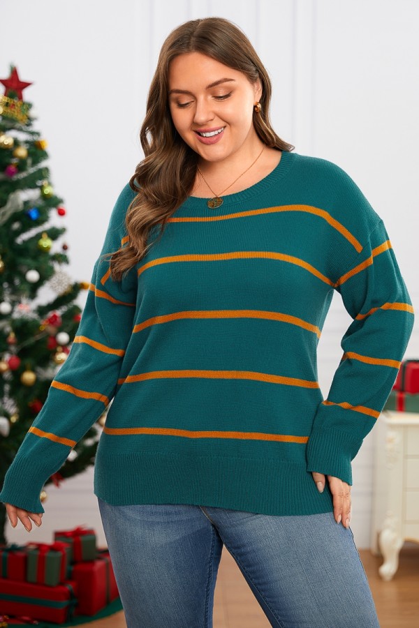 Plus Size Olive-Rust Stripe Soft Loose Sweater