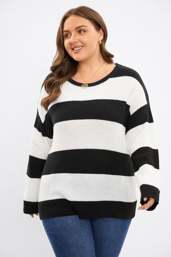Black ＆ White Round Neck Stripe Soft Loose Sweater