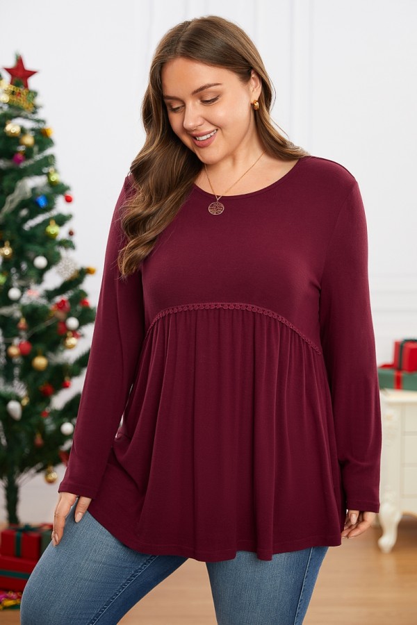 Burgundy Round Neck Long Sleeves Ruched Hem Knit Top