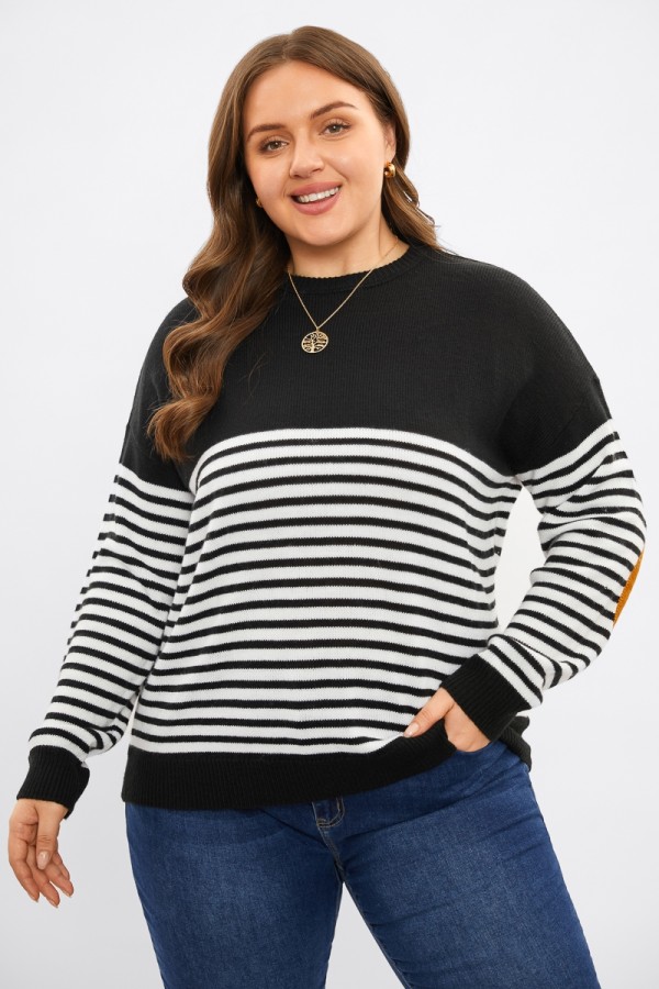 Black & White Round Neck Striped Contrast Loose Knit Top
