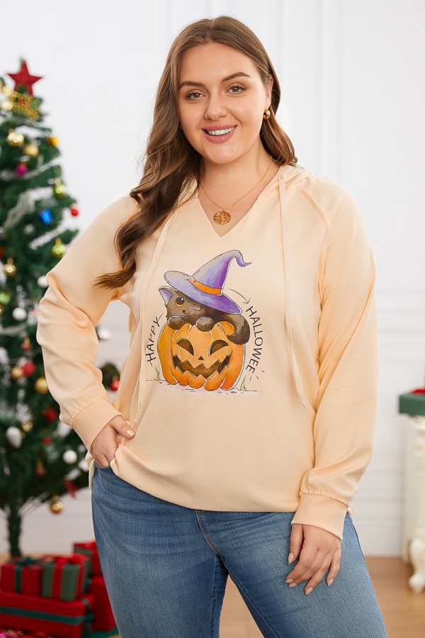 Halloween Print V-Neck Long Sleeve Loose Sweatshirt
