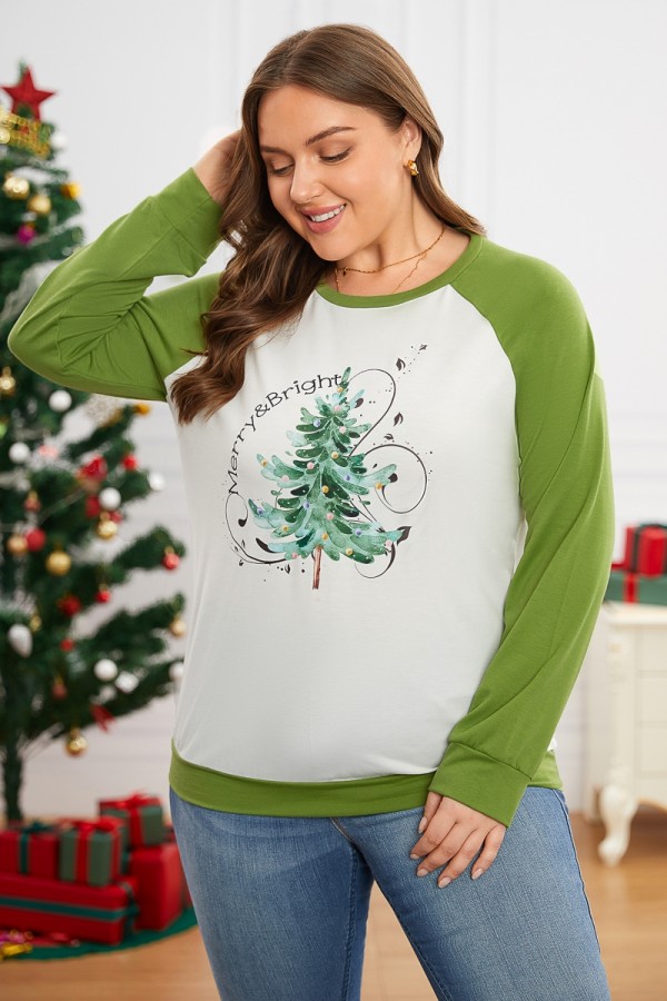 Women Christmas Tree Print Round Neck Casual Sweatshirt