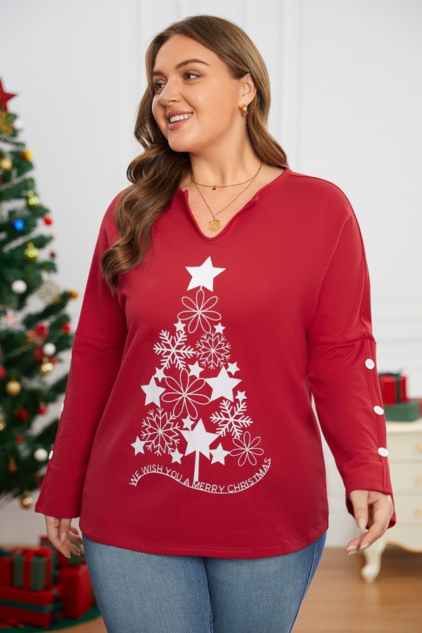 Red V-Neck Christmas Star Tree Print Sweatshirt