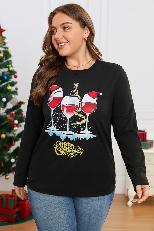 Black Simple Christmas Print V-Neck Long Sleeve Sweatshirt