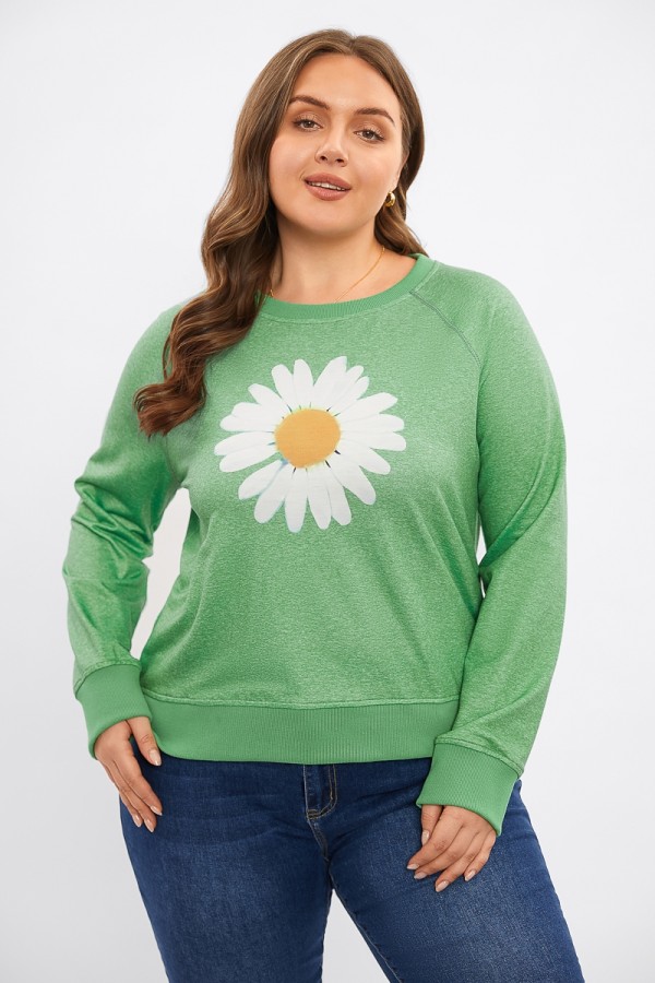 Green Round Neck Sunflower Print Long Sleeve Sweatshirt