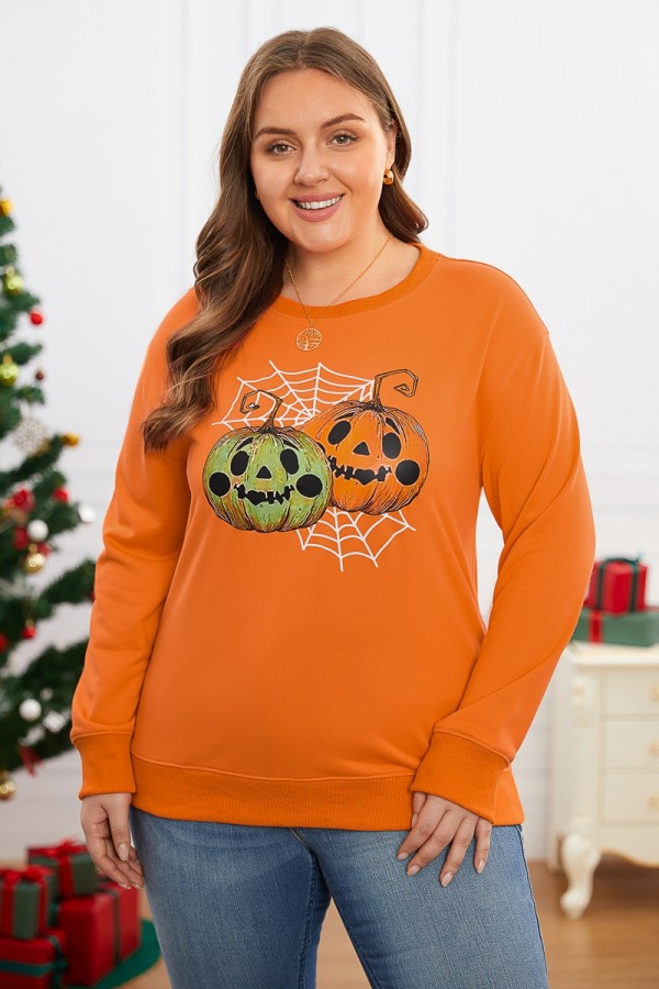 Halloween Pumpkin Lanten Print Orange Loose Sweatshirt
