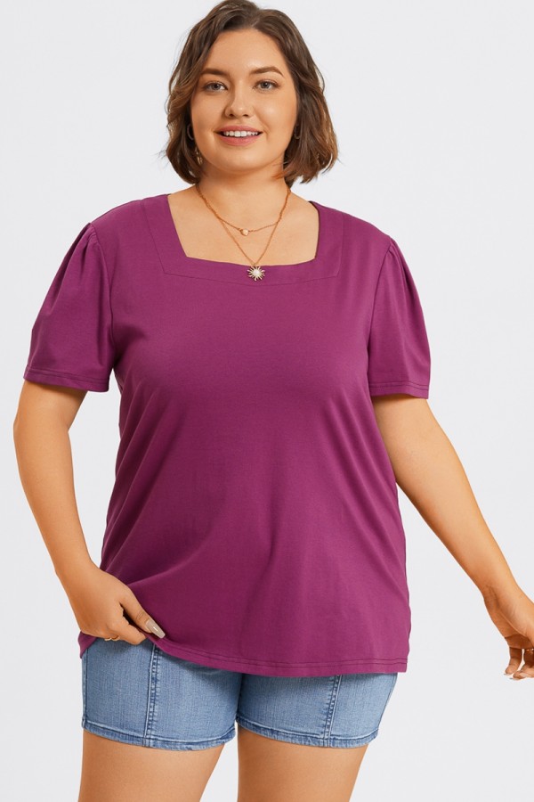Plus Size Purple Square Neck Puff Sleeve Tops