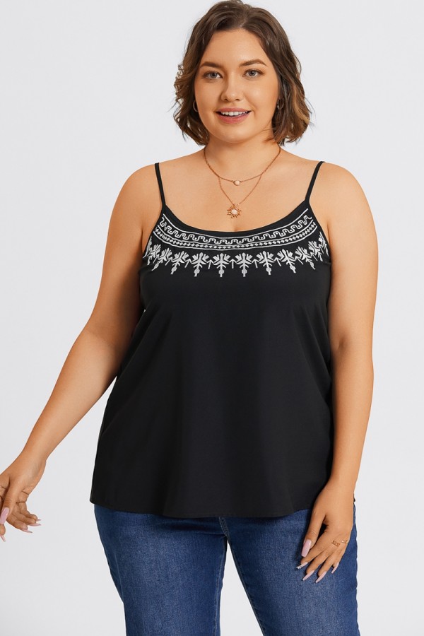 Plain Embroidered Sleeveless Adjustable Straps Cami Top
