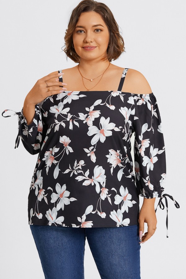 Floral Print Ruffle Knotted Sleeve Cold Shoulder Blouse