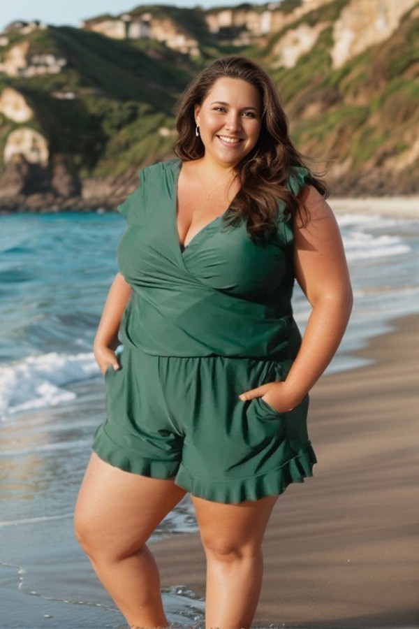Plus Size Crossed V-neck Ruffle Shoulder One Piece Swimsuit