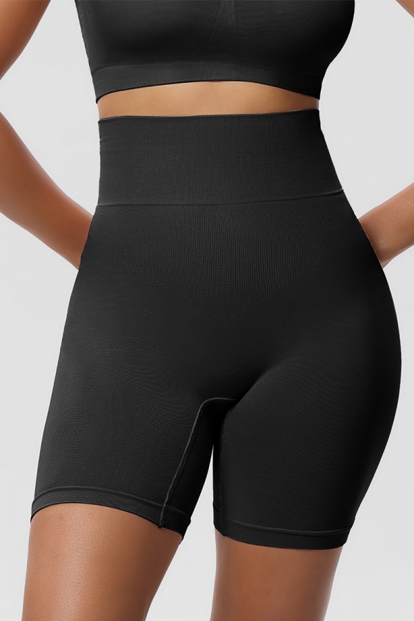 Black Solid Tummy Control High Waisted Shaper Shorts