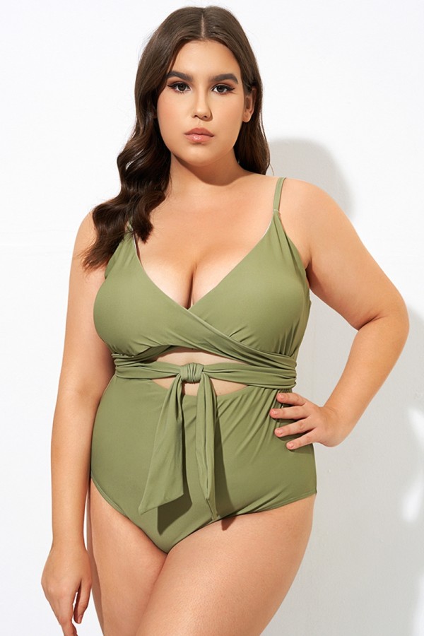 Green Cut Out Wrap One Piece Swimsuit