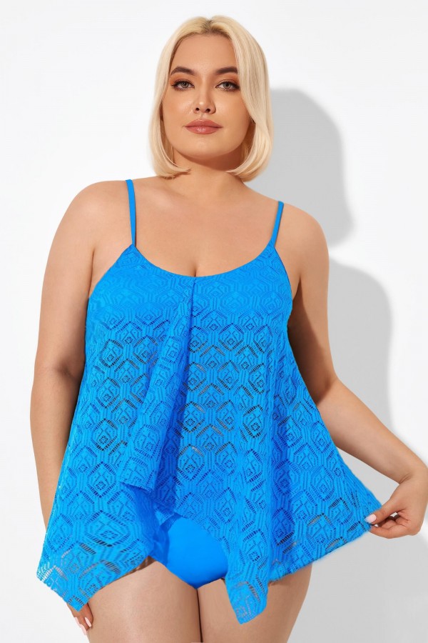 Blue Crochet Adjustable Straps Women Tankini Top