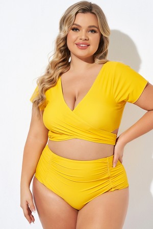 Yellow Ruched Sleeves Skirted Bikini Top