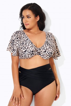 Cheetah Print V-neckline Crop lady Bikini Top