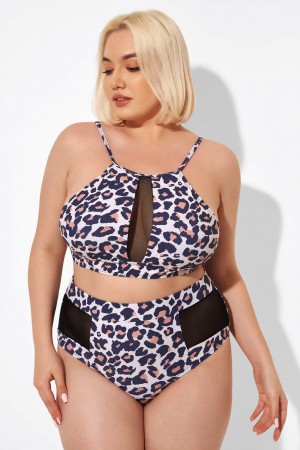 Leopard Contrast Mesh High Neck Bikini Top