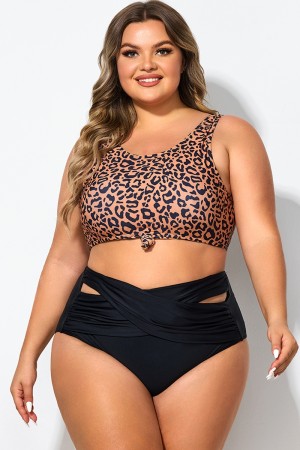 Leopard Print Scoop Neck Front Women Bikini Top